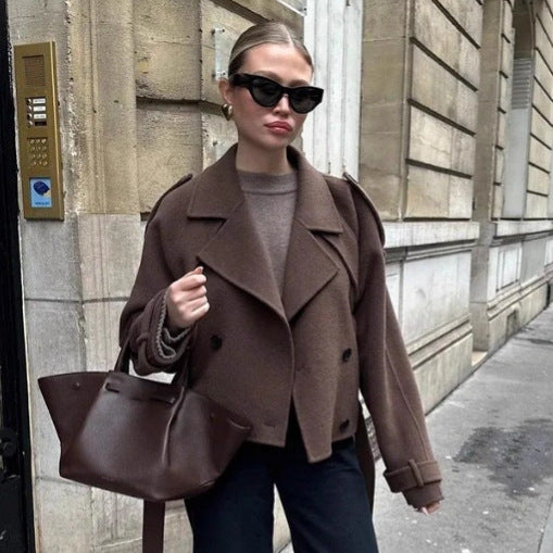 Damen nan kurz geschnittener doppeltreihiger Wollmix-Trench mit Taillengürtel EB