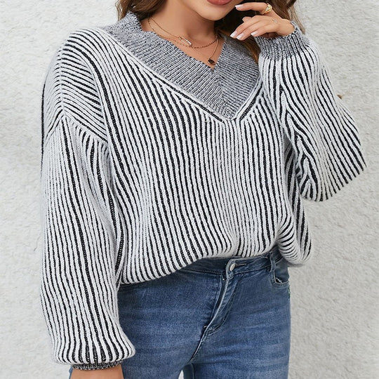 Damen lässiger V-Ausschnitt Pullover mit Streifenmuster EB