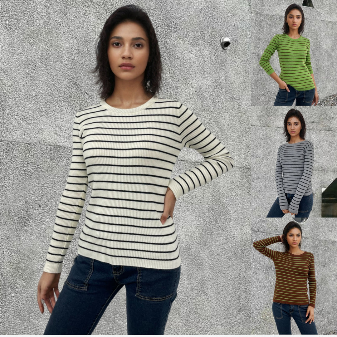 Damen Langärmliger Pullover mit modernem Streifenmuster und bequemem Schnitt EB