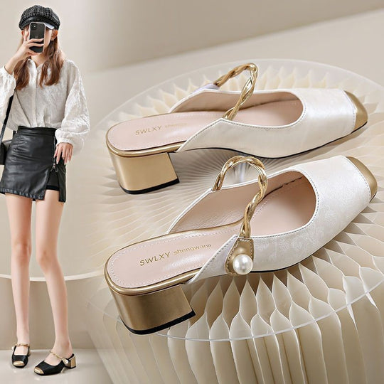 Damen Elegante Absatzmules mit perlverziertem Riemen und changierender Oberfläche EB