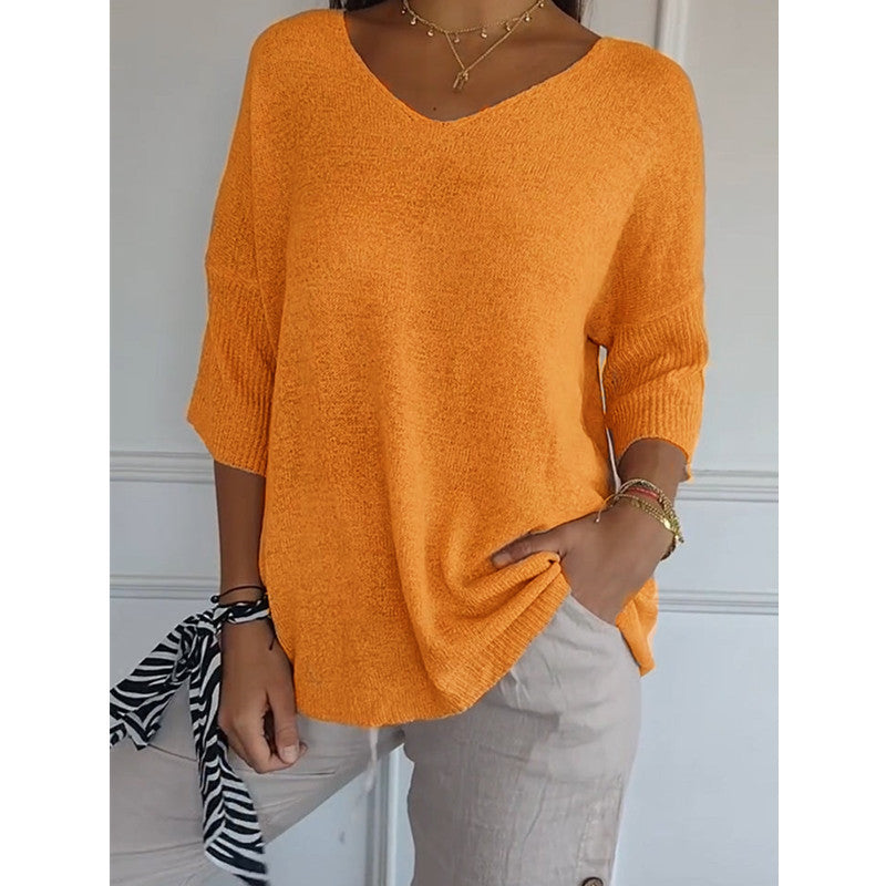 Damen nan locker sitzender V-Ausschnitt Feinstrickpullover mit dreiviertelÄrmeln EB