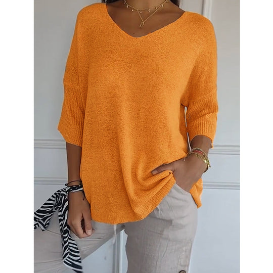 Damen nan locker sitzender V-Ausschnitt Feinstrickpullover mit dreiviertelÄrmeln EB