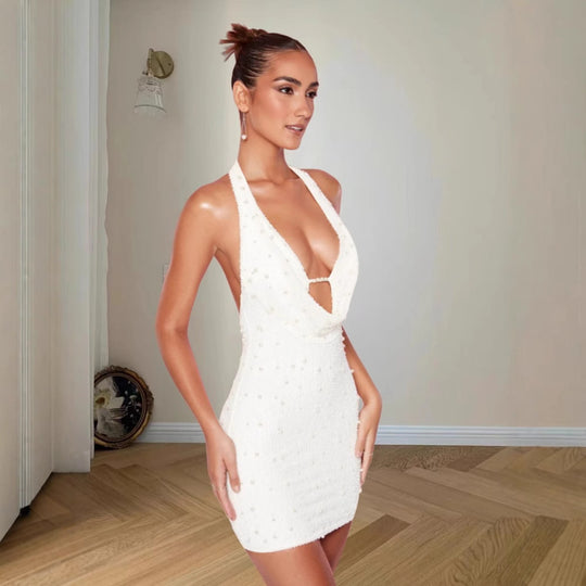 Damen Glamouröses Pailletten-Minikleid mit tiefem V-Ausschnitt und Halter-Design EB