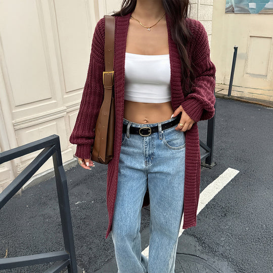 Damen nan lange Grobstrick-Cardigan mit offener Front und Ballonärmeln EB