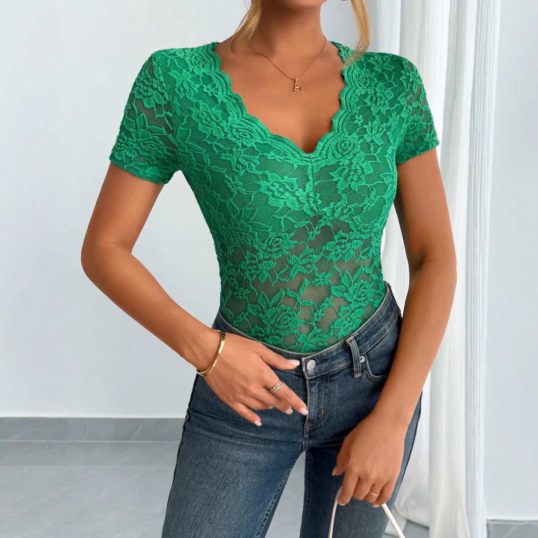 Damen nan figurbetonter Spitzenbody mit geschwungenem V-Ausschnitt und Kurzärmeln EB