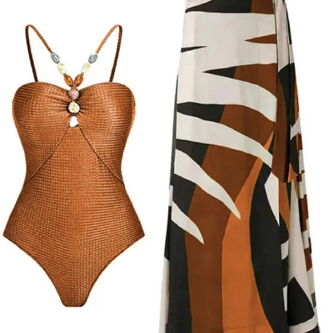 Damen Badeanzug mit trendigem Cut-Out und elegantem Wickelrock EB