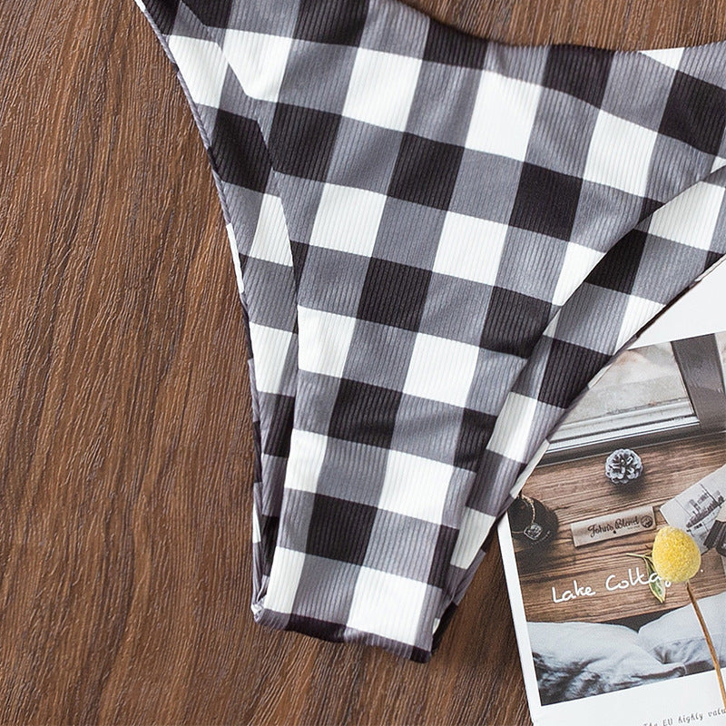 Damen Bandeau-Bikini mit Rüschen und Karomuster EB