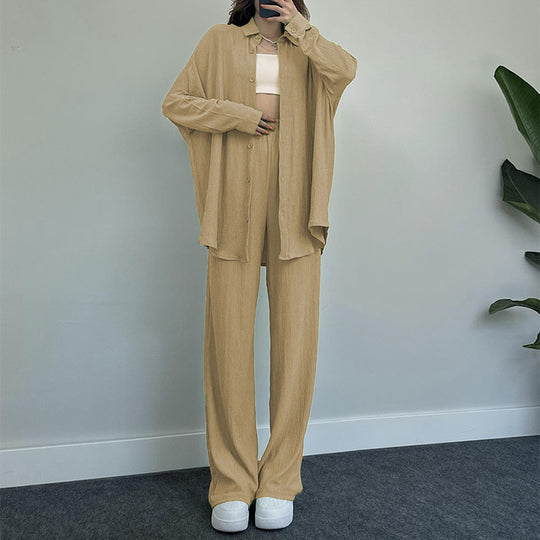 Damen lässiges Strickensemble mit weiter Bluse und lockeren Hosen EB