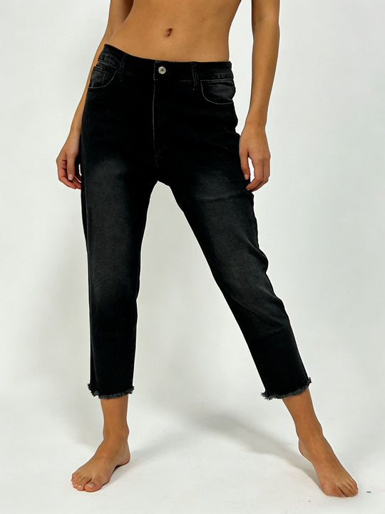 Damen nan schmale knöchellange Jeans mit rohem Fransenabschluss und mittelhoher Taille EB