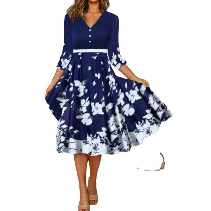 Damen V-Ausschnitt Midi-Kleid mit fließendem Rock und floralem Ärmeldesign EB