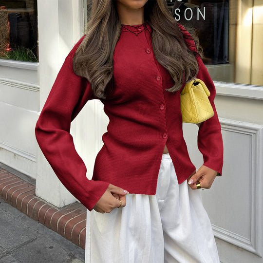 Damen nan taillierte Strickjacke mit asymmetrischer Knopfleiste und Rundhalsausschnitt EB