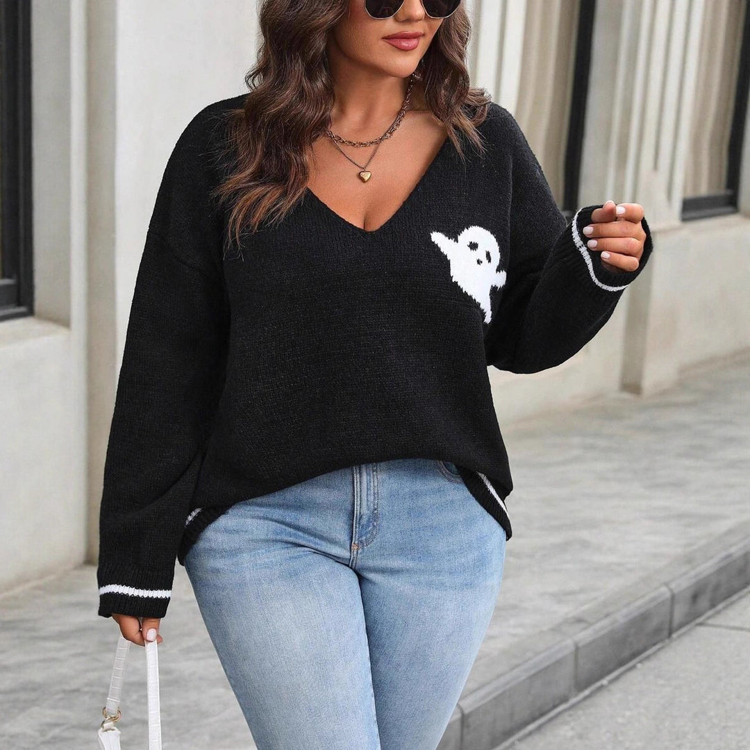 Damen Strickpullover mit Ghost-Motiv und V-Ausschnitt EB