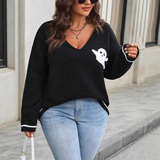 Damen Strickpullover mit Ghost-Motiv und V-Ausschnitt EB