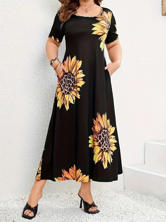Damen Sommerliches Maxikleid mit floralem Sonnenblumenmuster und praktischen Taschen EB