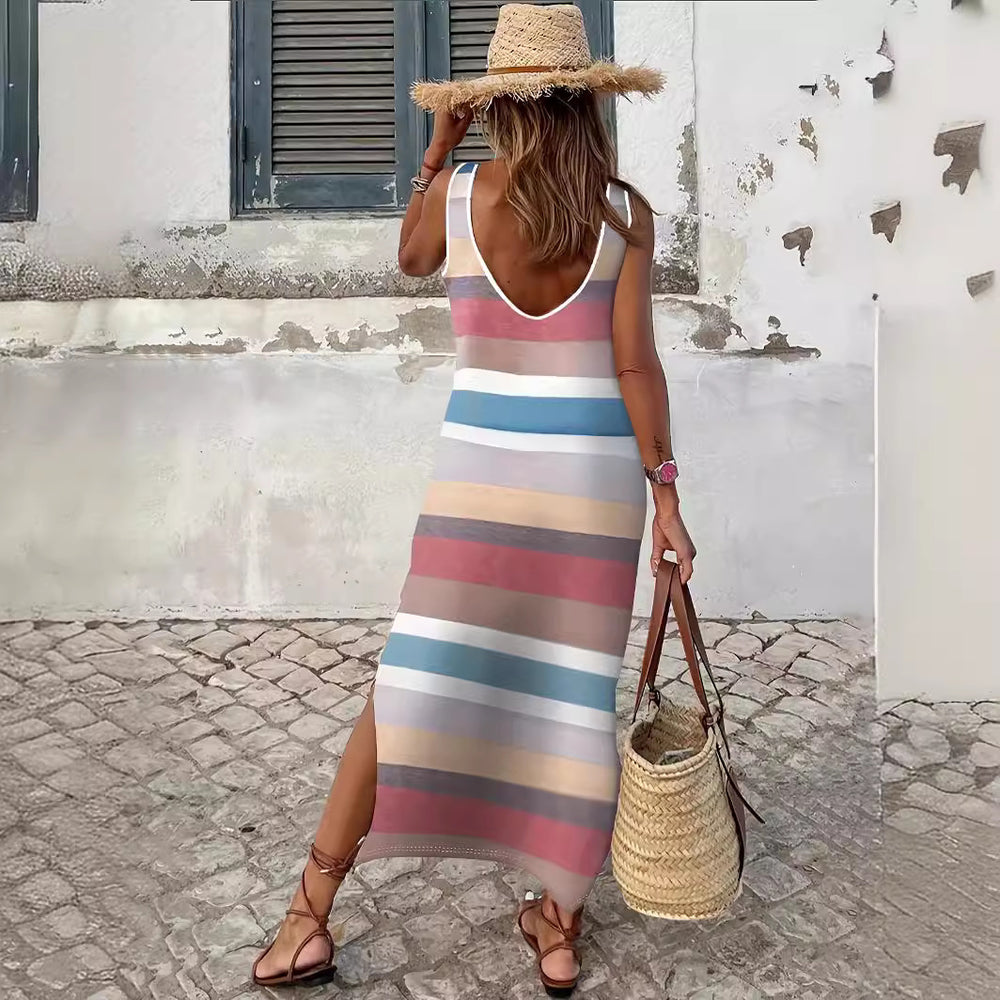 Damen Maxikleid mit modischem Streifenmuster und schickem Schlitz EB