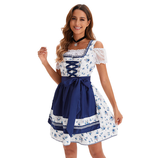 Damen nan kurzes Trachtenkleid im bayerischen Stil mit geschnürtem Mieder, Spitzenkragen und Schürzenrock EB