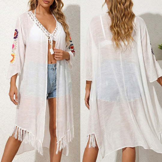 Damen luftiger und eleganter Strandkimono mit floralen Häkelakzenten EB