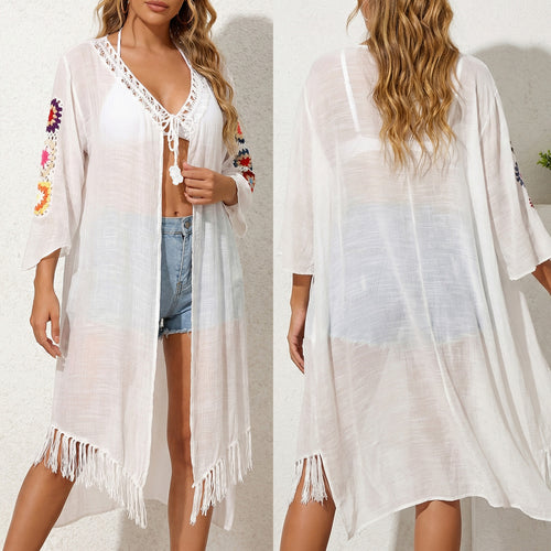 Damen luftiger und eleganter Strandkimono mit floralen Häkelakzenten EB