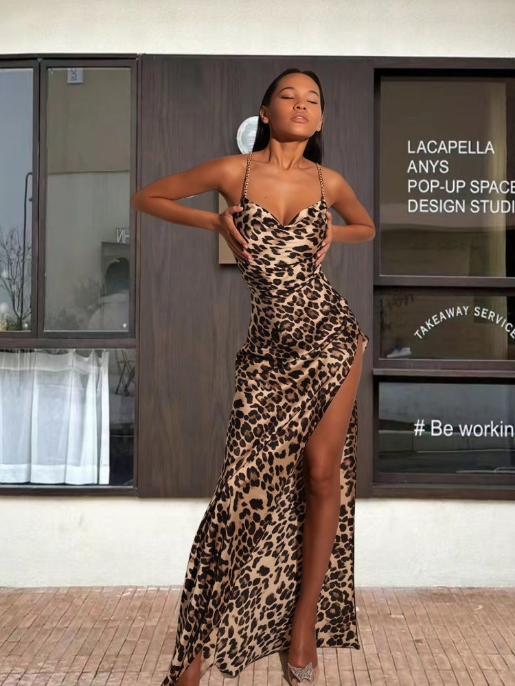 Damen Figurbetontes Animal-Print Maxikleid mit hohem Schlitz EB