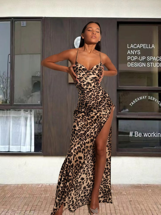Damen Figurbetontes Animal-Print Maxikleid mit hohem Schlitz EB