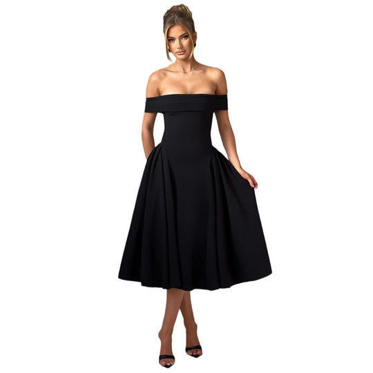 Damen Cocktailkleid mit schulterfreiem Design und voluminösem Rock EB