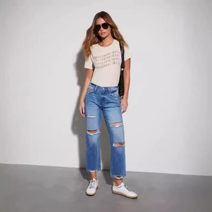Damen Trendige Fransenjeans mit Destroyed-Details EB