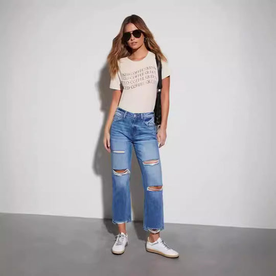 Damen Trendige Fransenjeans mit Destroyed-Details EB
