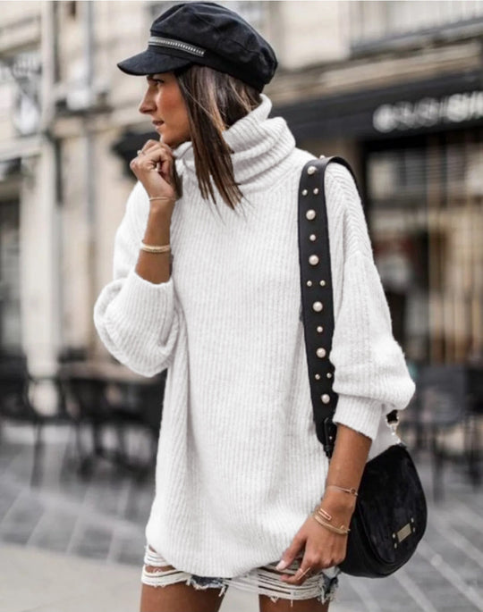 Damen oversized Strickpullover mit hohem Kragen und modischen Details EB