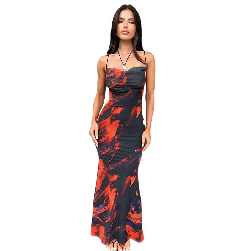 Damen Maxikleid mit elegantem Wasserfarbmuster und schmalen Spaghetti-Trägern EB