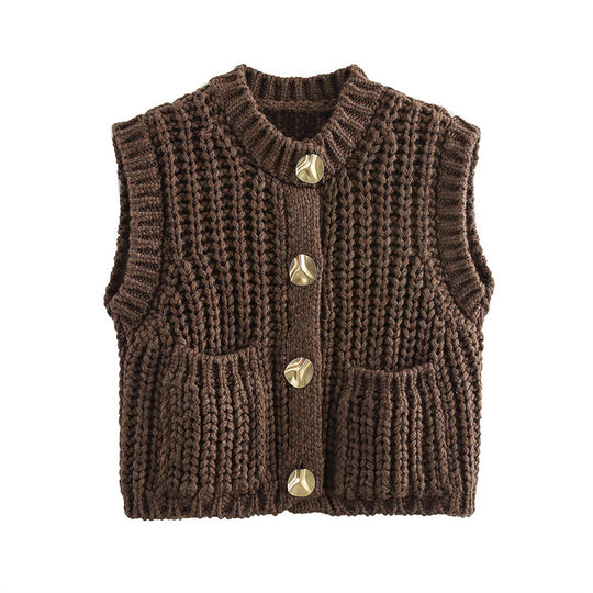 Damen Strickweste mit Knopf und Taschen EB