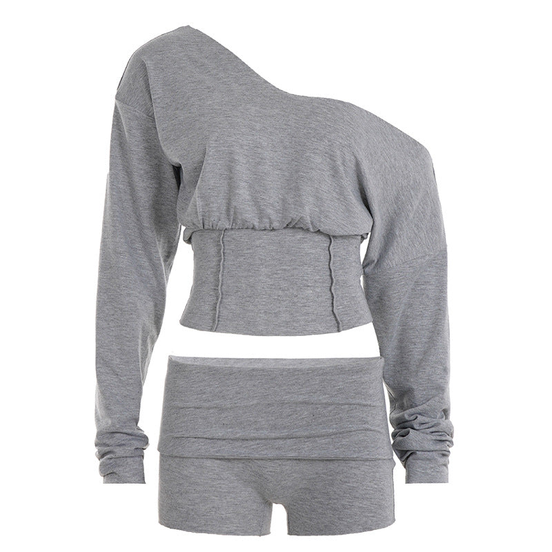 Damen nan asymmetrisches einschulteriges Lounge-Set mit tailliertem gerafftem Crop-Top und hochgeschnittenen Umschlag-Shorts EB