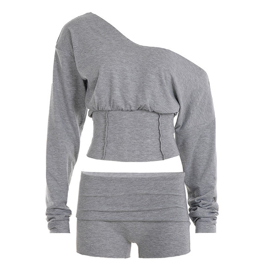 Damen nan asymmetrisches einschulteriges Lounge-Set mit tailliertem gerafftem Crop-Top und hochgeschnittenen Umschlag-Shorts EB