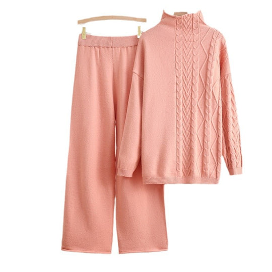 Damen gemütliches Strick-Loungewear-Set mit hochgeschlossenem Kragen EB