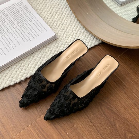 Damen Elegante Mules mit floralem Rosen-Design und modischem Absatz EB