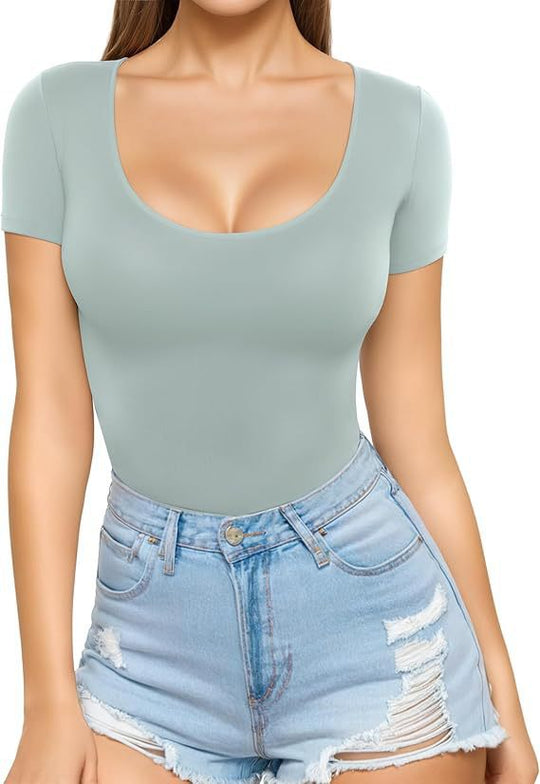 Damen figurbetontes Kurzarm-Body mit rundem Ausschnitt und nahtlosem Design EB
