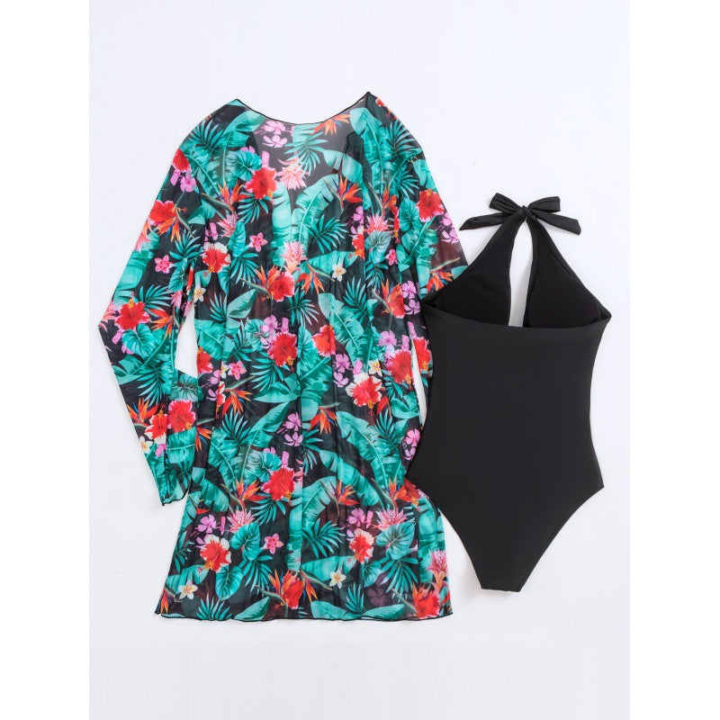 Damen Bademantel mit floralem Design und langen Ärmeln EB