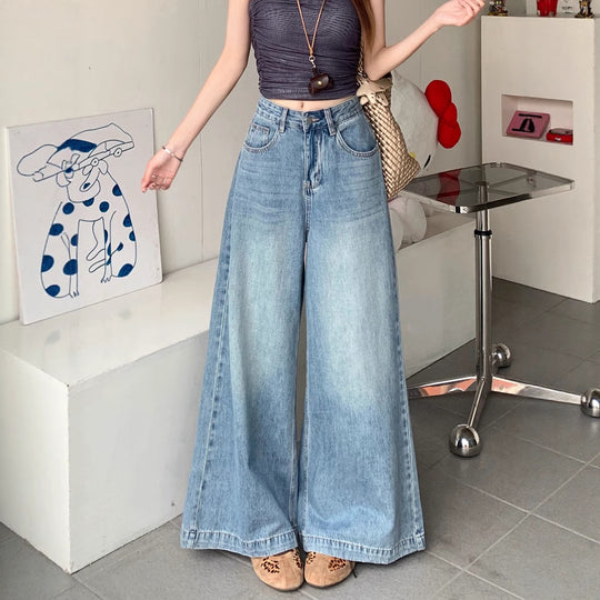 Damen Weite Denim-Hose mit lässigem Schnitt und hoch tailliertem Design EB