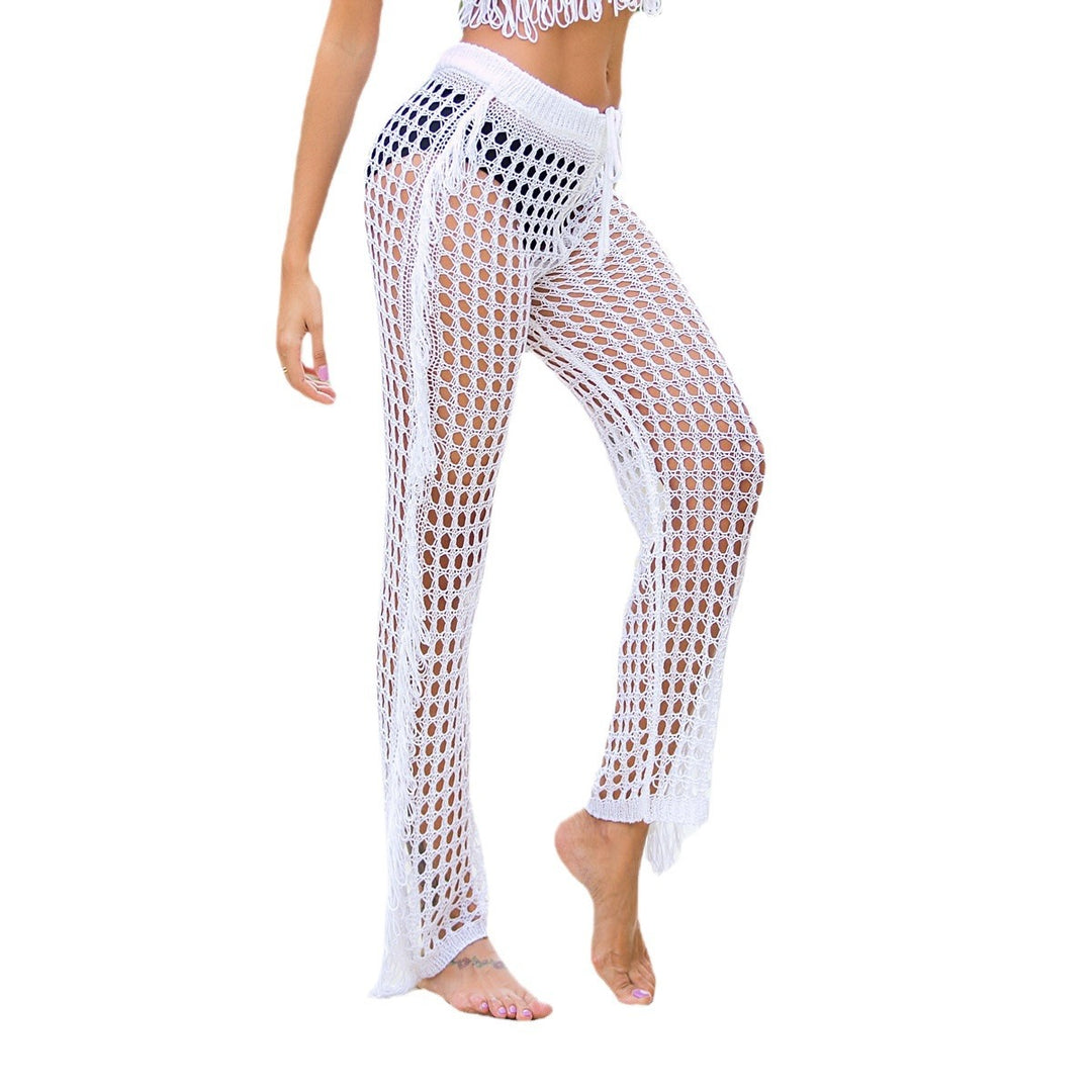 Damen Häkel-Strandhose mit fransigen Details und weitem Schnitt EB