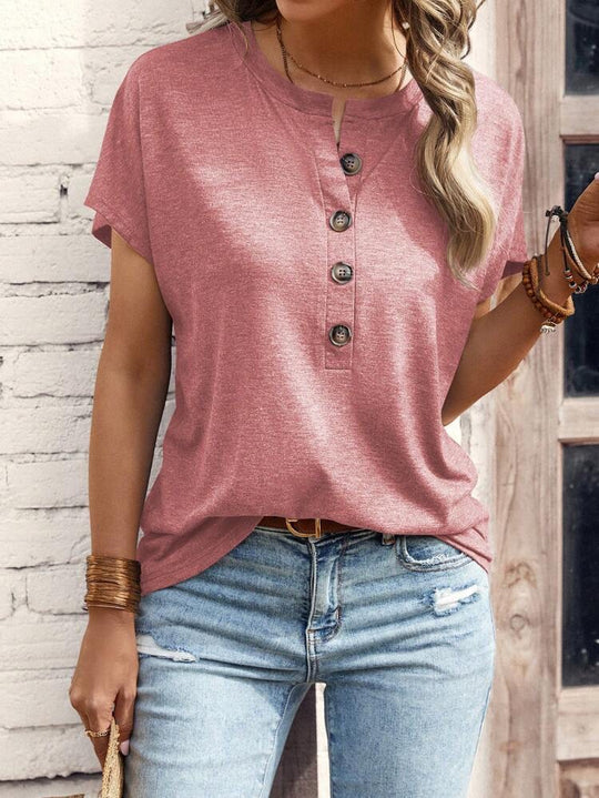 Damen lässiges T-Shirt mit Knopfleiste und kurzem Ärmel EB