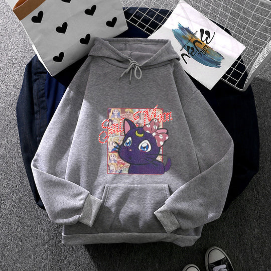 Damen nan Oversize-Kapuzenpullover mit glitzerndem Anime-Katzen-Motiv, Kängurutasche und weichem Fleece-Innenfutter EB