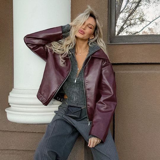 Damen Kunstlederjacke mit weitem Schnitt und feinem Kragen EB