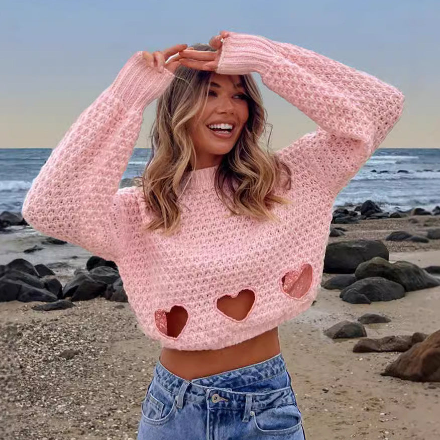 Damen Grob gestrickter Pullover mit Herzverzierungen und lockerem Schnitt EB