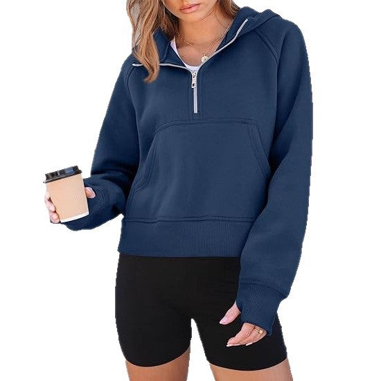 Damen Kurz geschnittener Kapuzenpullover mit Halb-Reißverschluss und Kängurutasche EB