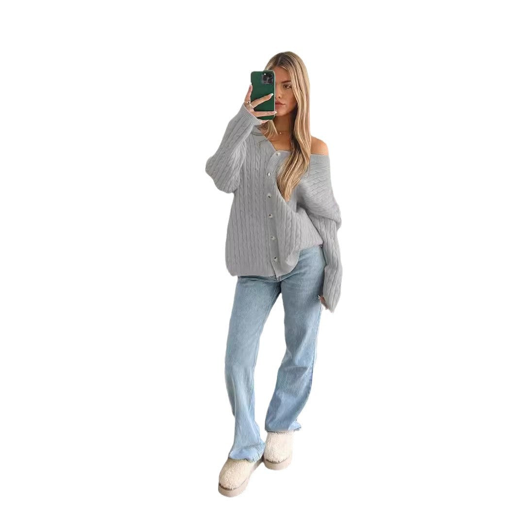 Damen nan Zopfmuster-Cardigan mit V-Ausschnitt, überschnittener Schulter und durchgehender Knopfleiste EB