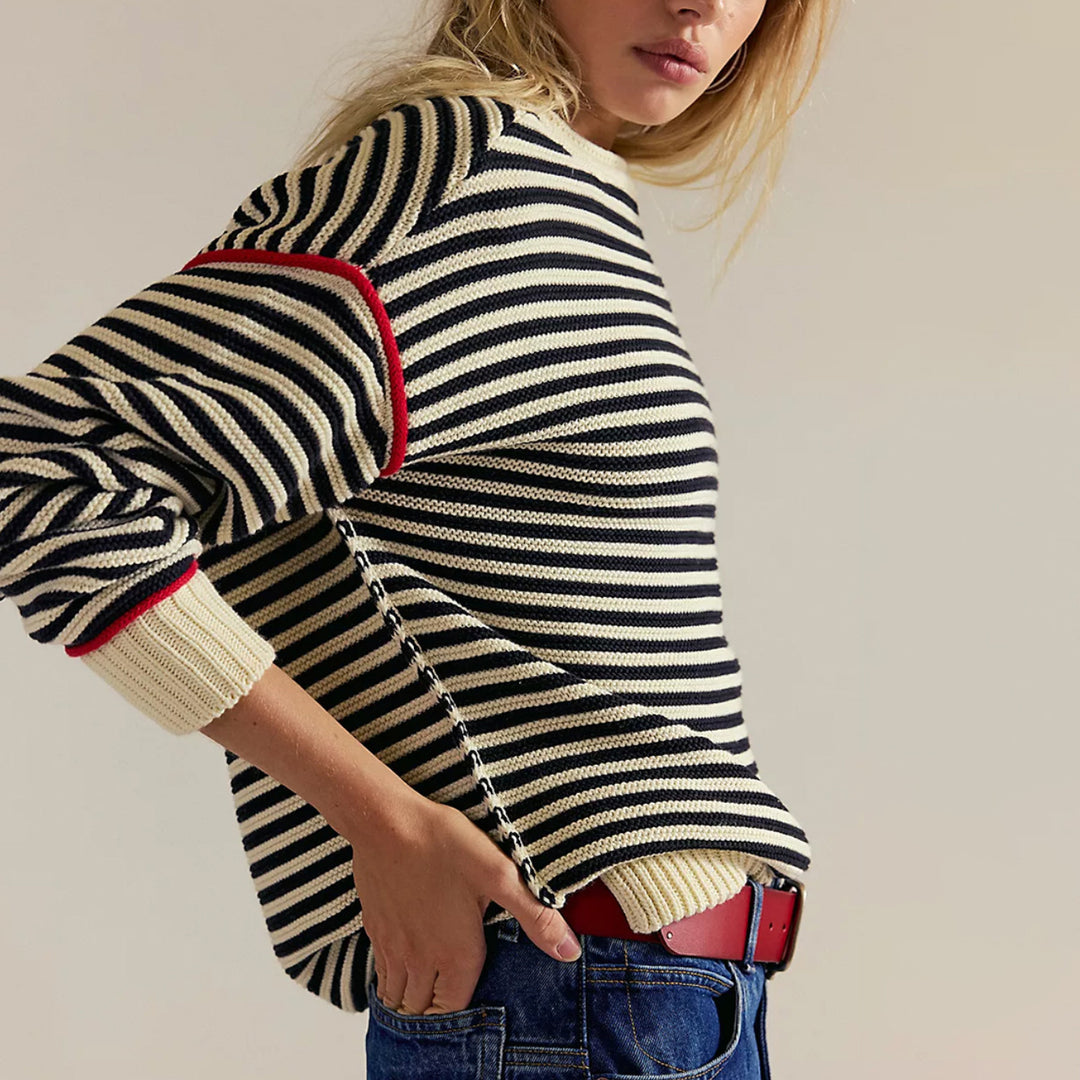 Damen Oversize Ringelstrickpullover mit weitem Schnitt, Bündchen & kontrastierenden Paspeln EB