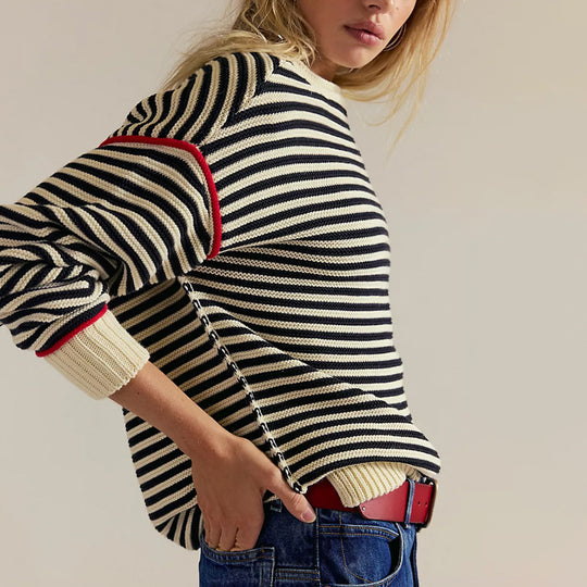 Damen Oversize Ringelstrickpullover mit weitem Schnitt, Bündchen & kontrastierenden Paspeln EB