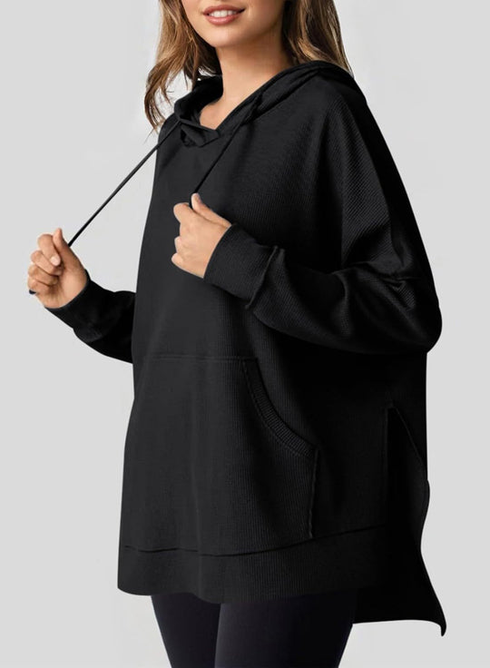 Damen lässiger Kapuzenpulli mit seitlichen Schlitzen und Kängurutasche EB