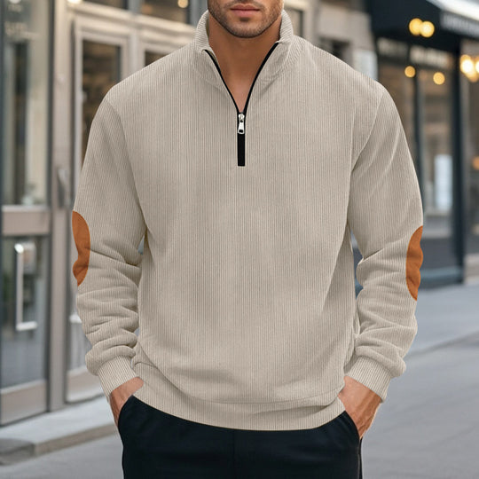 Herren nan Troyer-Halbfleecepullover mit Rippstruktur, elastischen Bündchen und Kontrast-Ellenbogenpatches EB