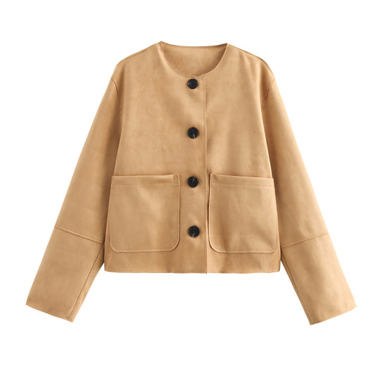 Damen Modische Kurzarmpulloverjacke mit praktischen Taschen und eleganten Knöpfen EB