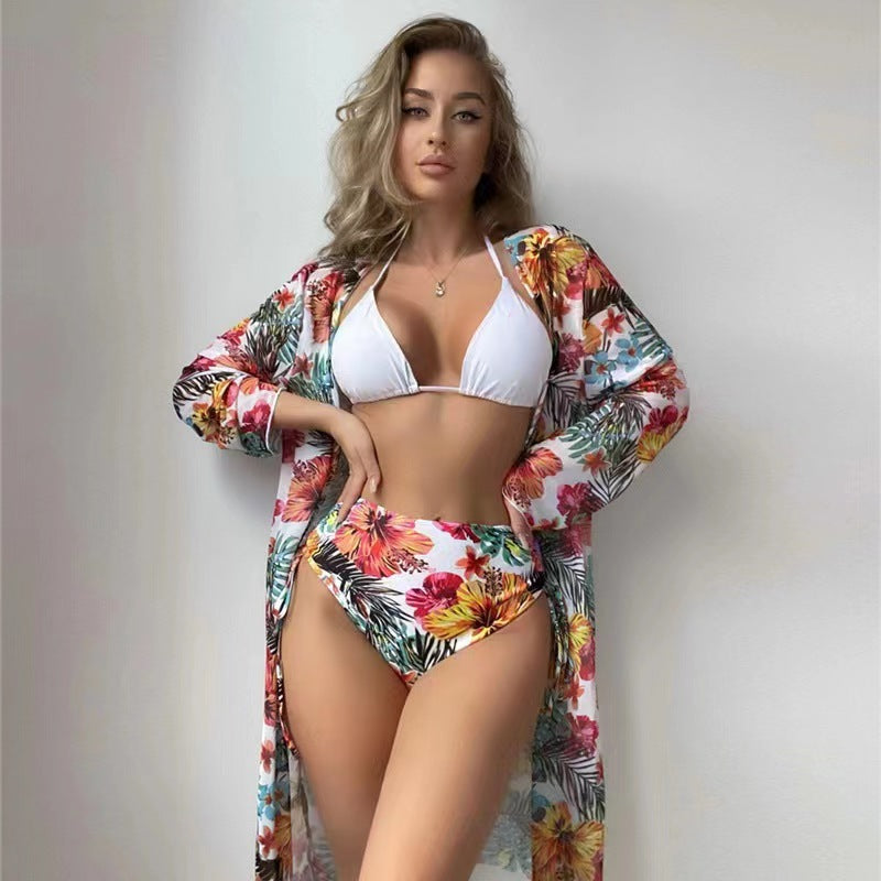 Damen Bikiniset mit hohem Bund und floralem Überwurf EB
